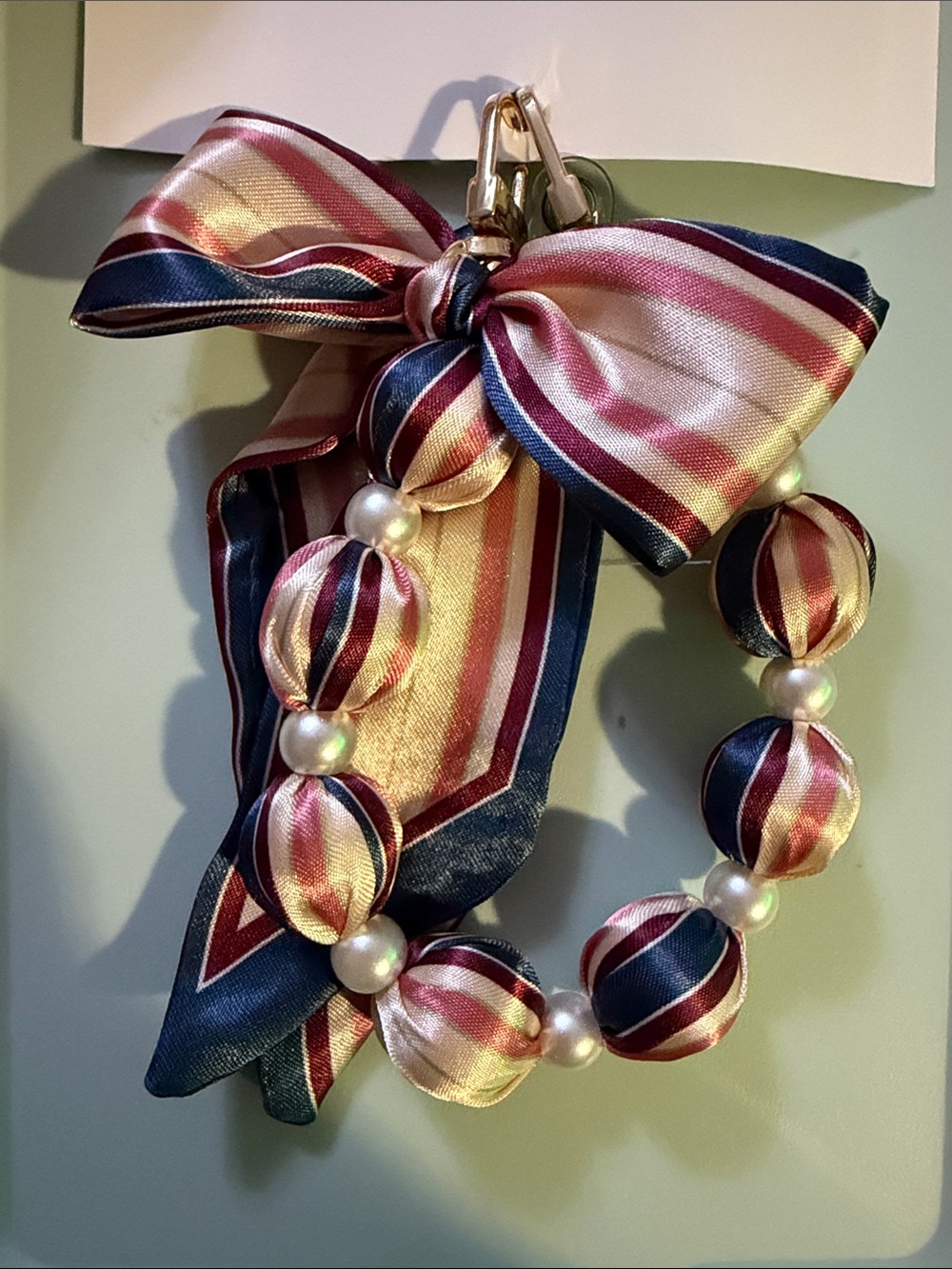 Striped Bow Beaded Keychain/Bag/Phone Charm in Navy, Pink & Cream